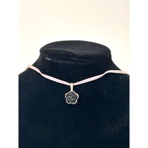 Vintage 925 Sterling Silver Onyx Carved Rose Pendant Necklace Signed Chocker